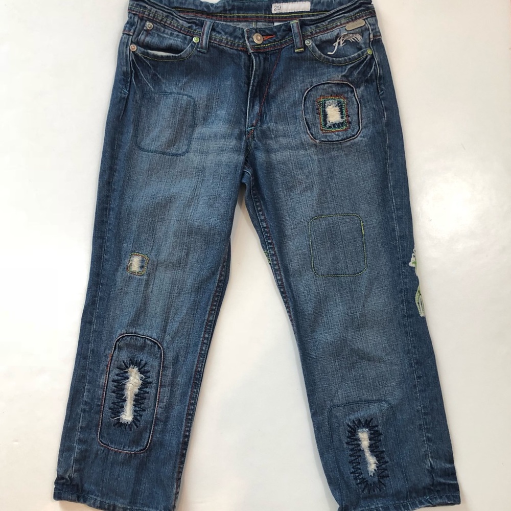 AKDMKS Patchwork Distressed Denim Capri Pants